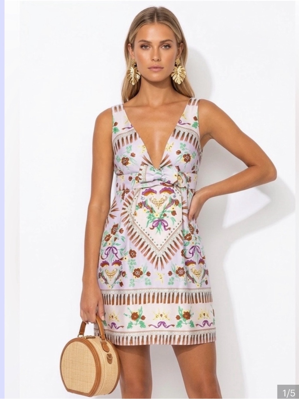 MANOUSH silk printed tropical mini dress sleeveless bow-front $495